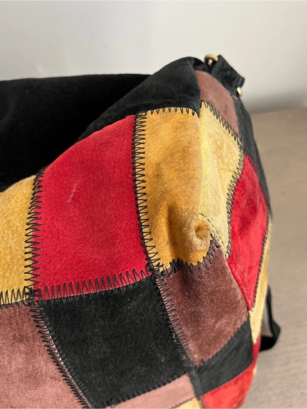 Vintage Barneys New York Made in Italy Suede Patchwork Drawstring Backpack Bag